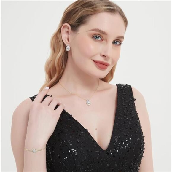 UDYLGOON CZ Tearsdrop Earrings Necklace Bracelet Jewelry Set For Bride - Picture 2 of 7